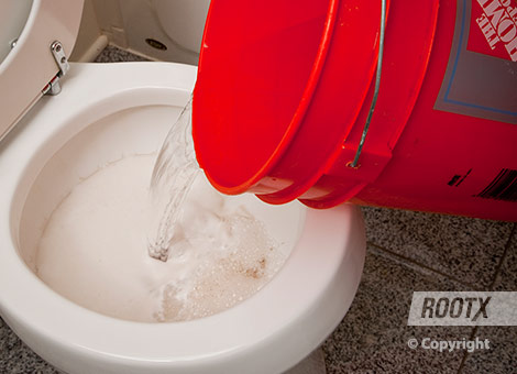Step 5B: Toilet Cleanout Application

Flush the toilet and add the dry mixture into the toilet bowl as the water is going down the drain. Add 5 gallons of water per pound of RootX used to push foam down the toilet drain. To avoid overflow, use no more than 2 pounds of RootX for toilet application.

For more detailed information on how to use RootX, download our Technical Data Sheet.
